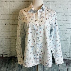 Lands’ End No Iron Supima Cotton Floral Dot  Long Sleeve Button Up Blouse Office